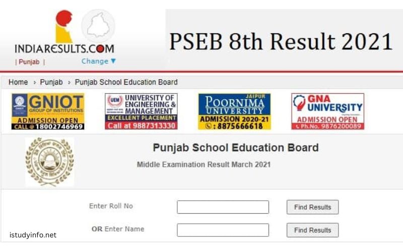 8th Class Result 2021 Punjab Board Roll Number