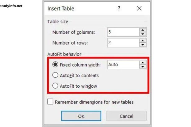 Which Option Is Not Available in Insert Table Autofit Behavior