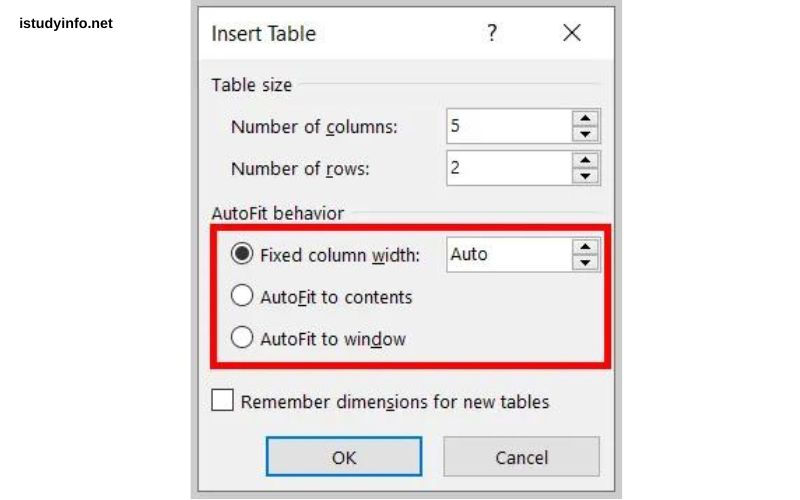 Which Option Is Not Available in Insert Table Autofit Behavior